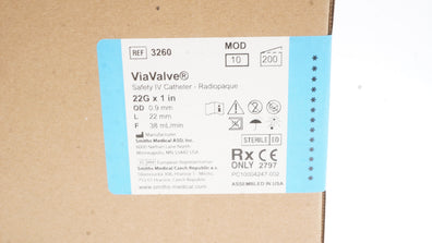 Smiths Medical 3260 ViaValve Safety I.V. Cath. 22G x 1 inch - Box of 200 (x)